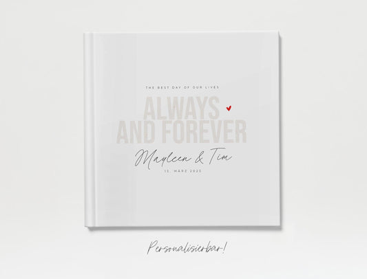 Personalisiertes Hochzeitsgästebuch | Always & forever, beige/rot, personalisiert | Gästebuch Hochzeit personalisierbar | Erinnerungsbuch